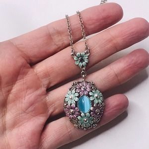 Necklace Aqua Purple Flowers Pendnat Charm Dangle Silver Tone CH Stamped 15"